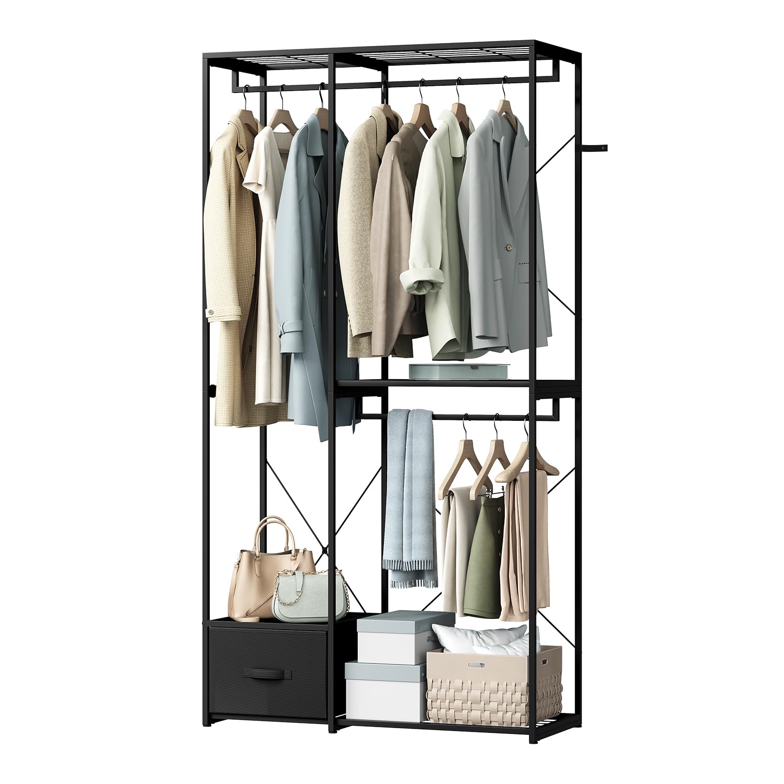 WOLTU Burro Ropa con Estructura de Metal, Armario Abierto con 2 Barras, 3 Estantes y 1 Cajón de Tela, Resistente, Carga de 150 kg, 100x40x192 cm, para Dormitorio y Vestidor, Negro