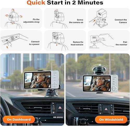 Miniatura 7 de A2C Cámara inalámbrica para automóvil de bebé, monitor de bebé alimentado por USB para asiento trasero y hogar, pantalla de visión nocturna