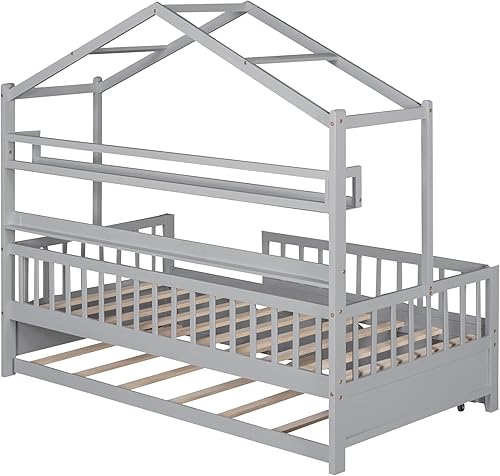 Miniatura 215 de Base de cama de casa de tamaño individual con techo y valla, marco de cama de madera para niños pequeños, adolescentes, niñas, niños, se puede