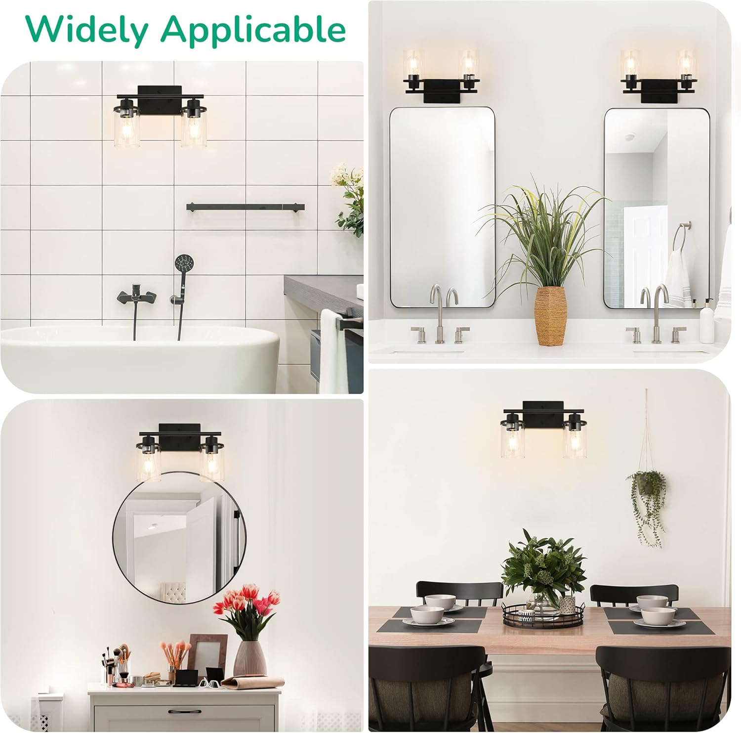 Modern Black 2-Light Bathroom Vanity Fixture with Clear Glass Shades