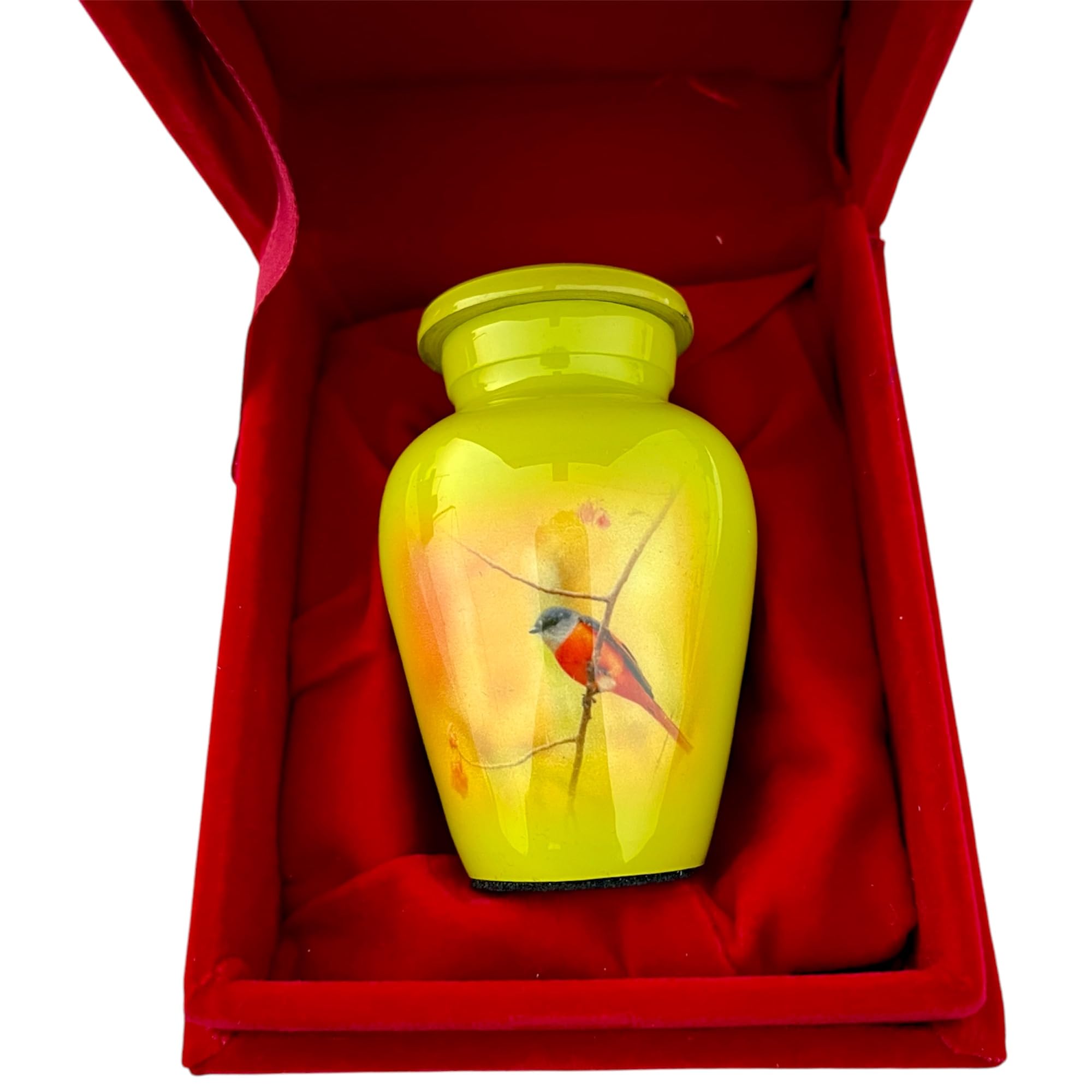 Decorative Small Cremation Urn with Bird Design, Yellow Aluminum Keepsake - Image 4