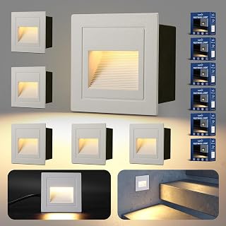6er Set Treppenbeleuchtung 3W 300lm, LED Treppenstufenbeleuchtung 230V 3000K, 85x85mm, IP65 Wandeinbauleuchte Treppenlicht Beleuchtung für Treppen Wand, Unterputzdosen 68mm, Aluminium Weiß