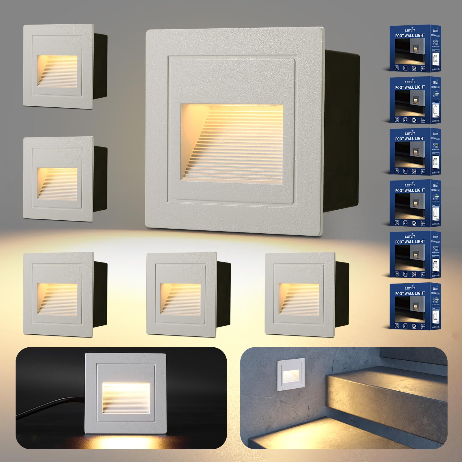 3W 300LM Segnapasso LED Esterno 6 Pezzi, IP65 Impermeabile Segnapassi, 3000K Faretti Segnapasso da Interno, Luci per Scale 230V, Luce da Parete 85x85mm - Scatole Incasso 68mm, Alluminio Bianco