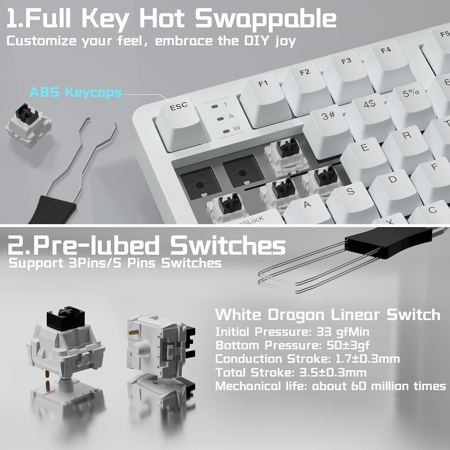 LEOBOG HI98C Pro Wireless Mechanical Gaming Keyboard, Tri-Mode Wired/2.4G/BT5.0 Hot Swappable Aluminum Keyboards with Number Pad, RGB Backlit Gasket Mount White Custom Keyboard for PC Gaming & Office 6 71vO8AL1 PL. AC SL1500