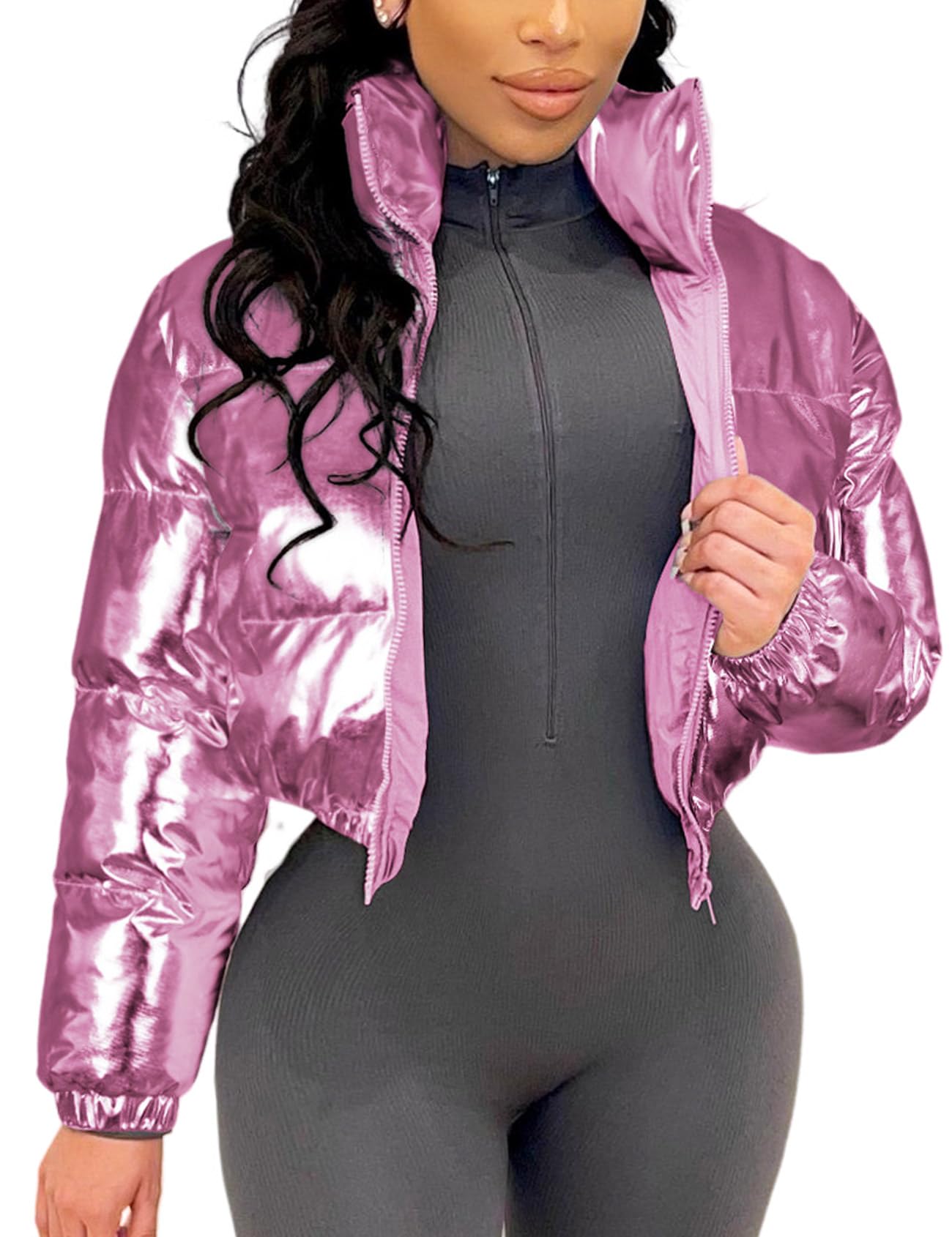 Yimoon Women's Y2k Winter Cropped Metallic Solid Color Padded Jacket Stand Collar Zip Up Shiny Puffer Coat XS Pink