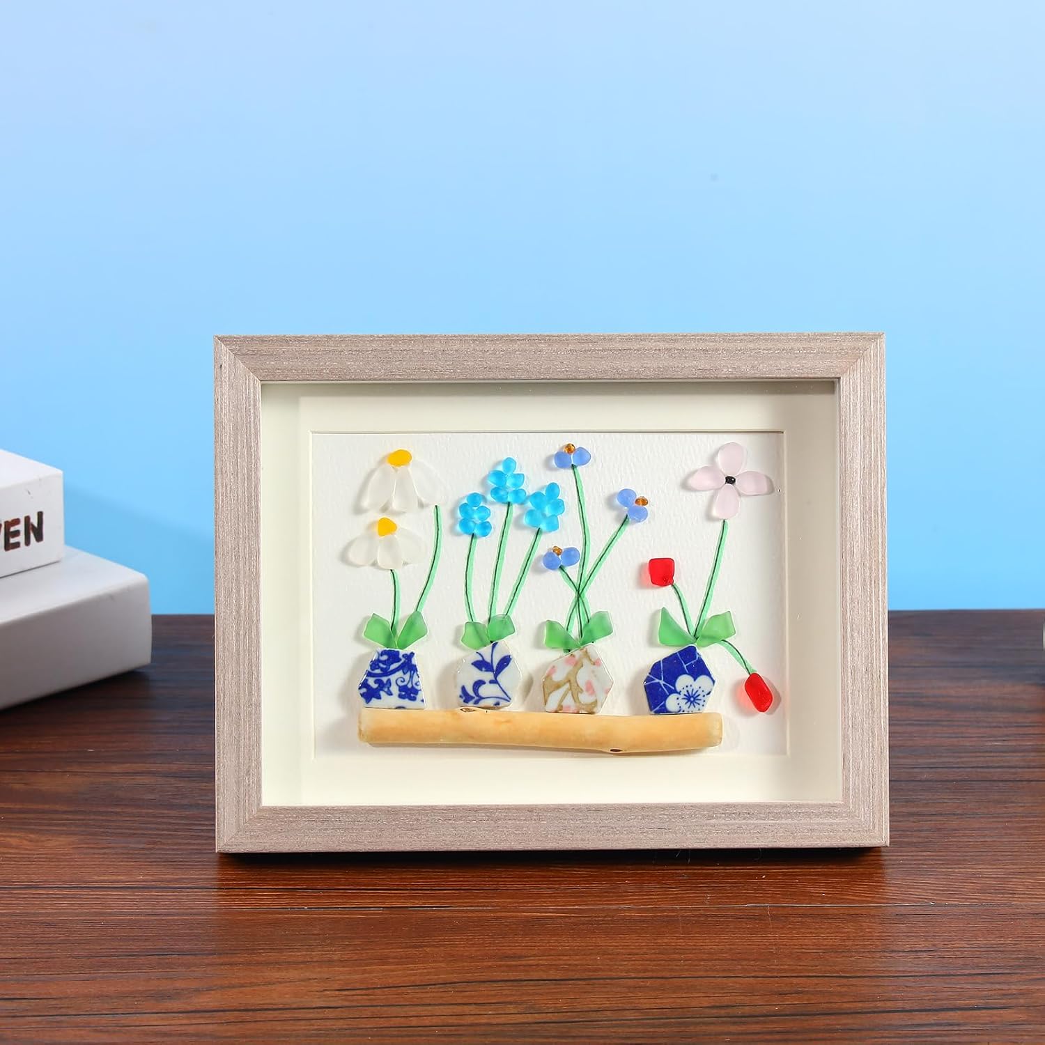 Beach Sea Glass Flowers Art Pictures, Handmade Sea Glass Art Framed Wall Art Decor, Friendship Colleague Gifts Mother's Day gift Idea,Birthday Gifts Housewarming Gift