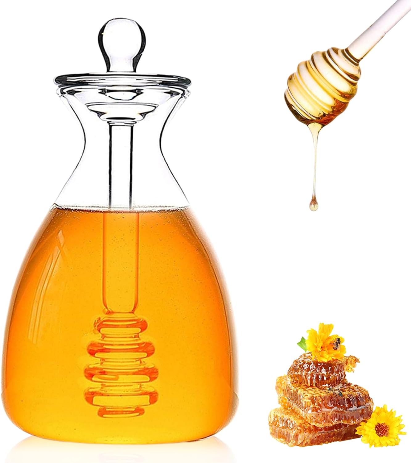 Glass Honey Dispenser Portable Clear Honey Pot and Drizzler Glass Bee Pot with Dipper and Lid Creative Bottle Container for Home Kitchen Accessories.