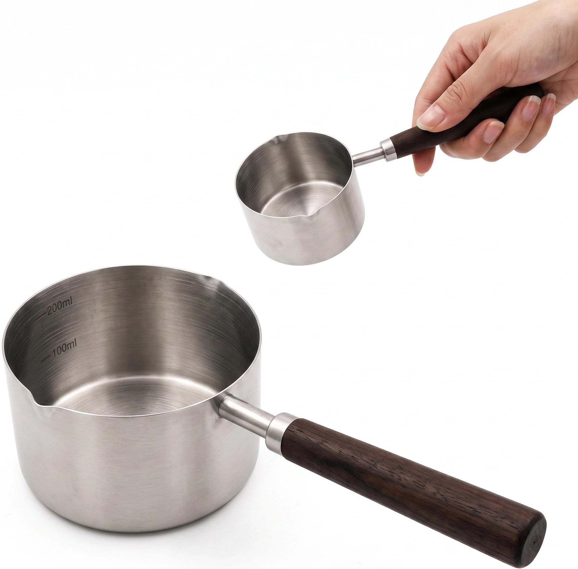 Butter Warmer Pot 250ml Small Saucepan with Pour Spouts & Anti-Scald Wood Handle, Tri-Ply Stainless Steel Mini Milk Pan for Coffee, Melting Chocolate, Induction Compatible