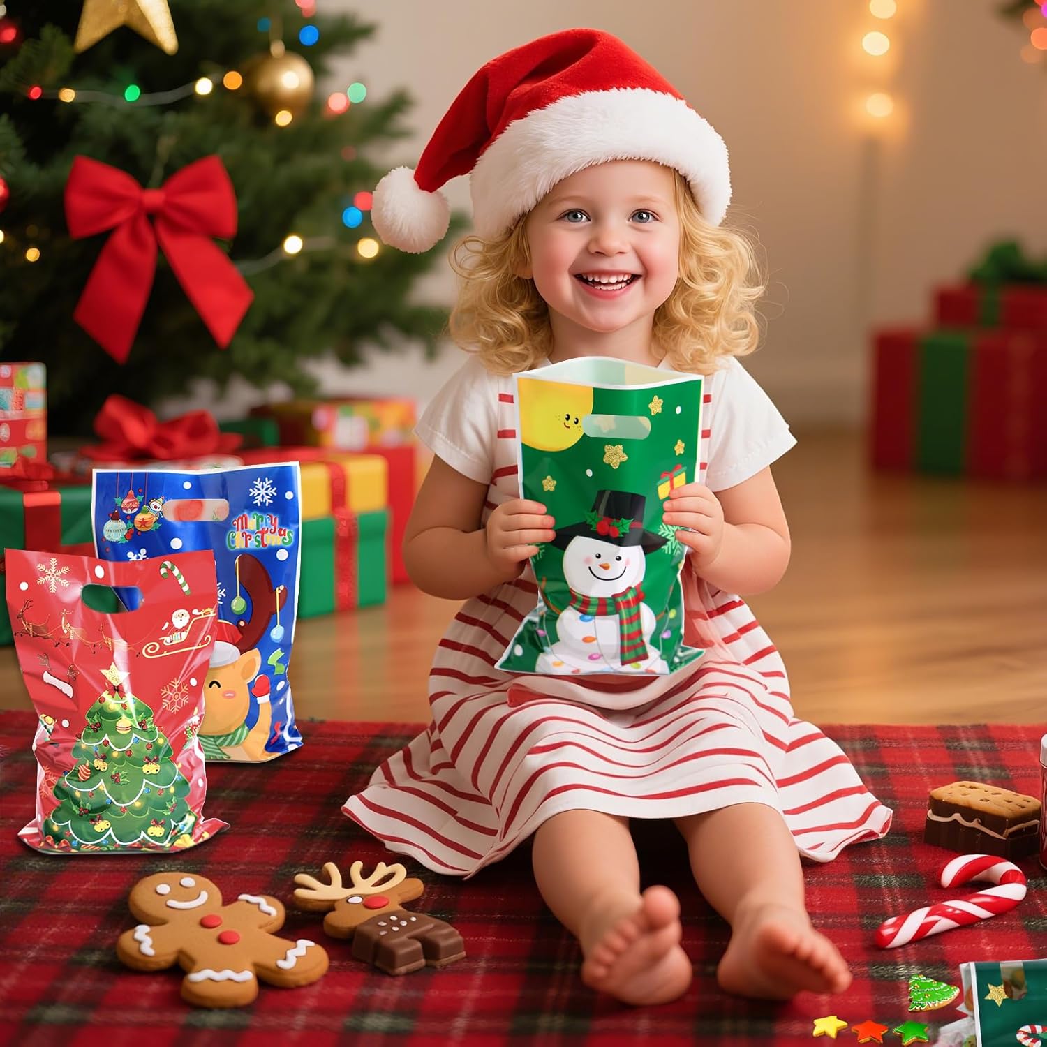 iefoah 100Pcs Christmas Treat Bags Christmas Candy Goodies Snacks Bags Bulk Plastic Gift Bags 6.5'' x 9.8'' Party Favor Bag - Image 5