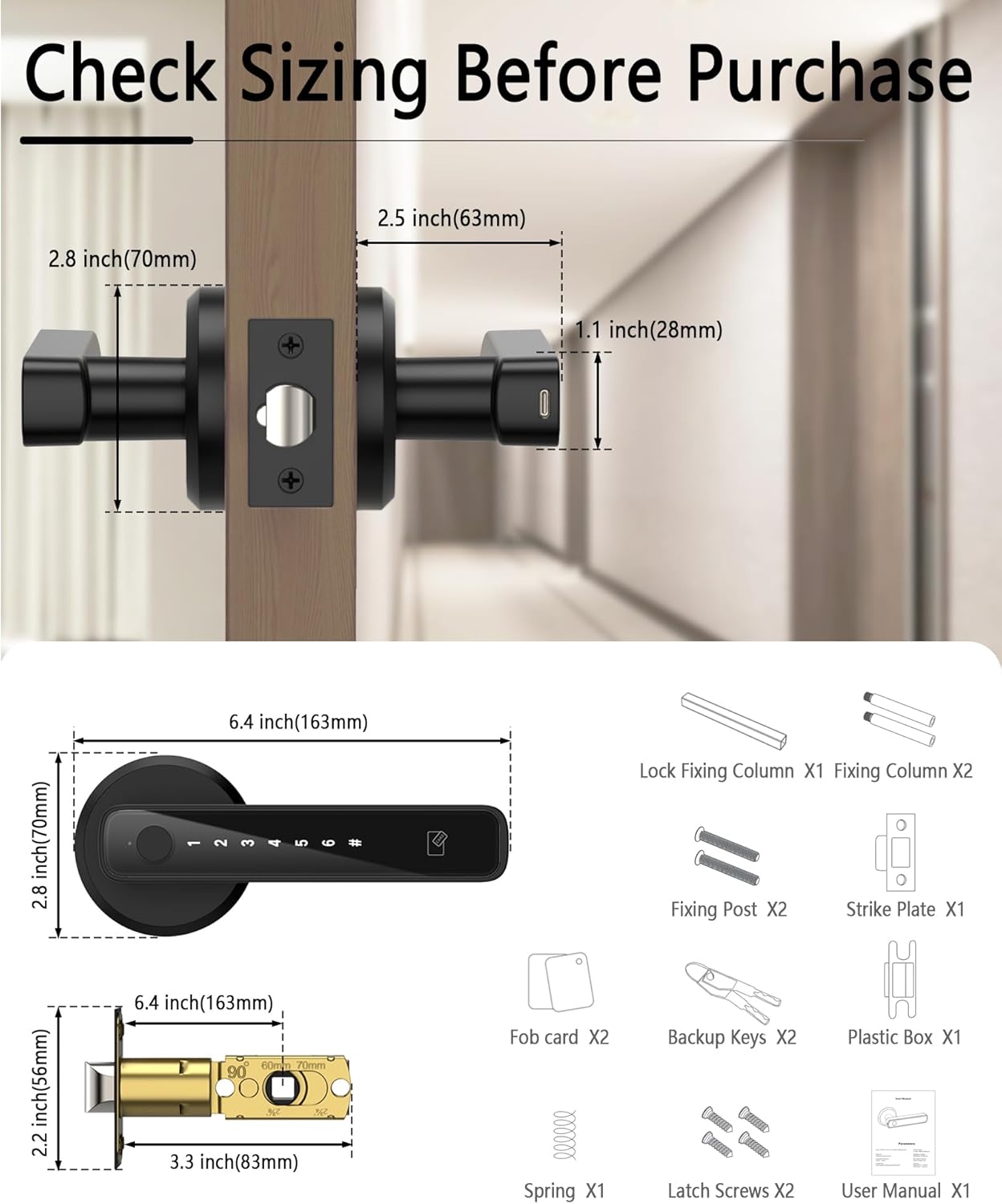 Diagram showing lock dimensions and included components