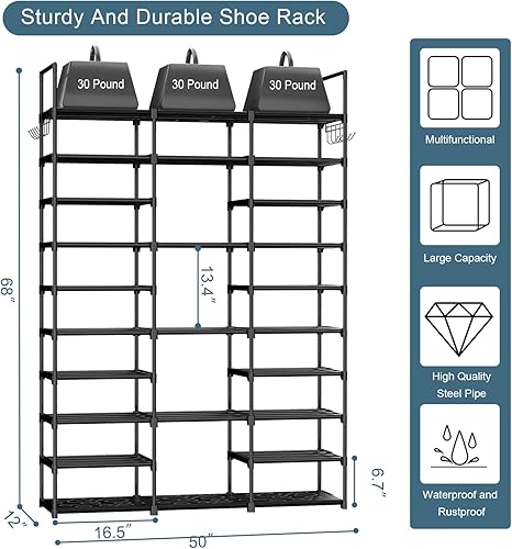 Miniatura 3 de Kottwca Zapatero grande de 3 filas y 10 niveles para entrada de armario, 60 a 65 pares de zapateros, estante de metal para zapatos, vertical y