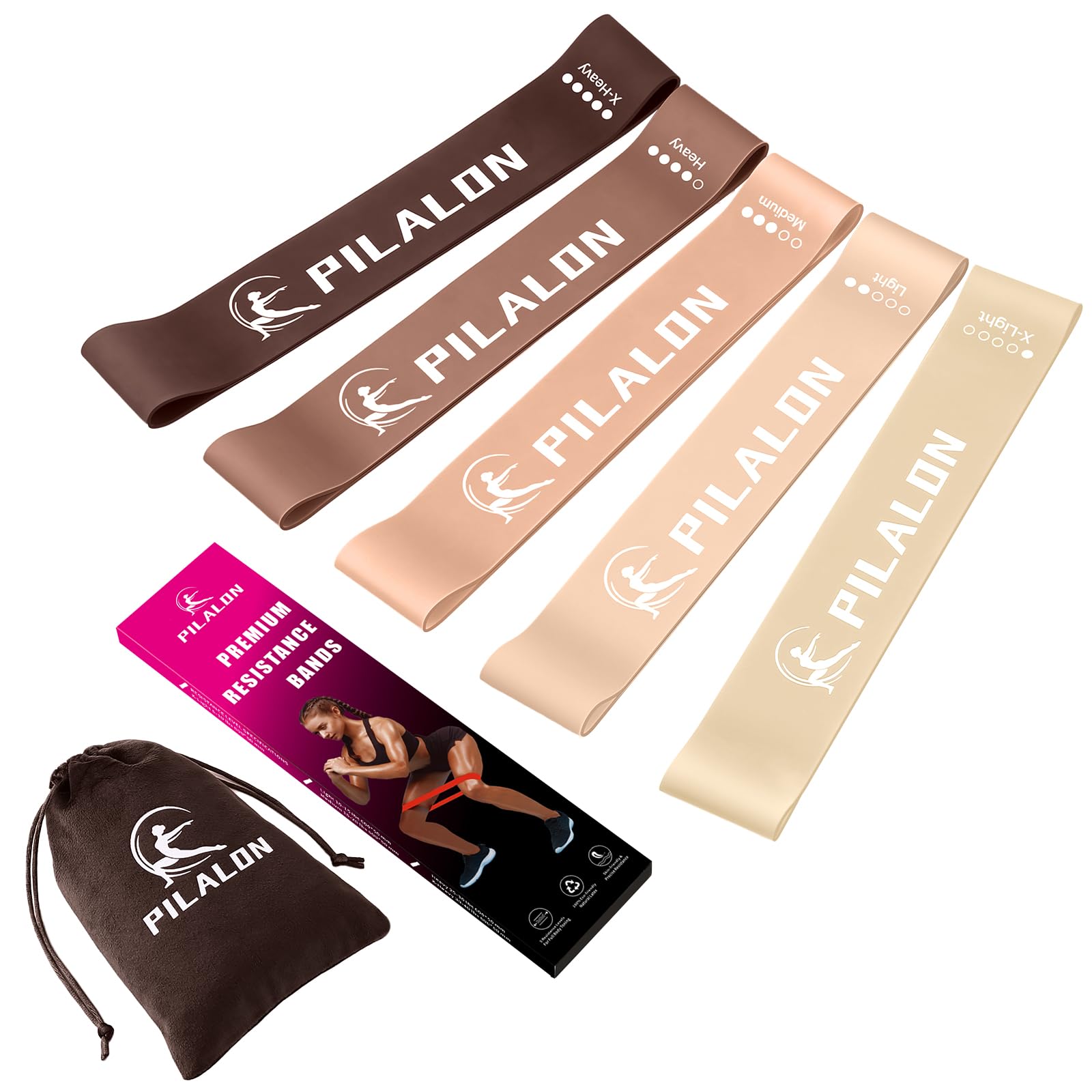 PILALON Resistance Bands, Set of 5 Skin-Friendly Fitness Exercise Loop Bands with 5 Strength Levels for Women & Men - Ideal for Home, Gym, Yoga Training - Carry Bag & Guide Included