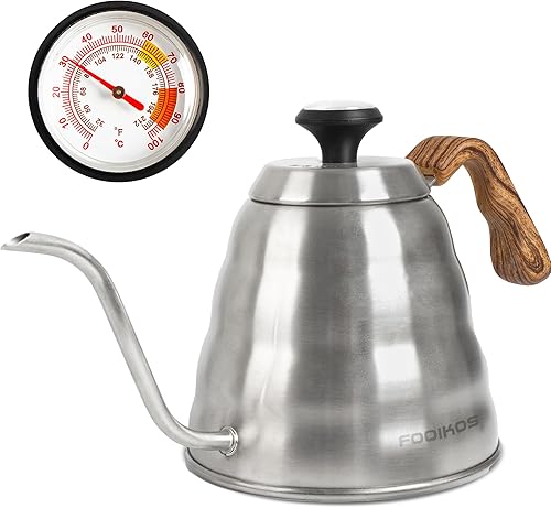 Hervidor de cuello de cisne con termómetro para verter sobre café y té, 42 onzas líquidas, acero inoxidable de alta calidad, control de temperatura