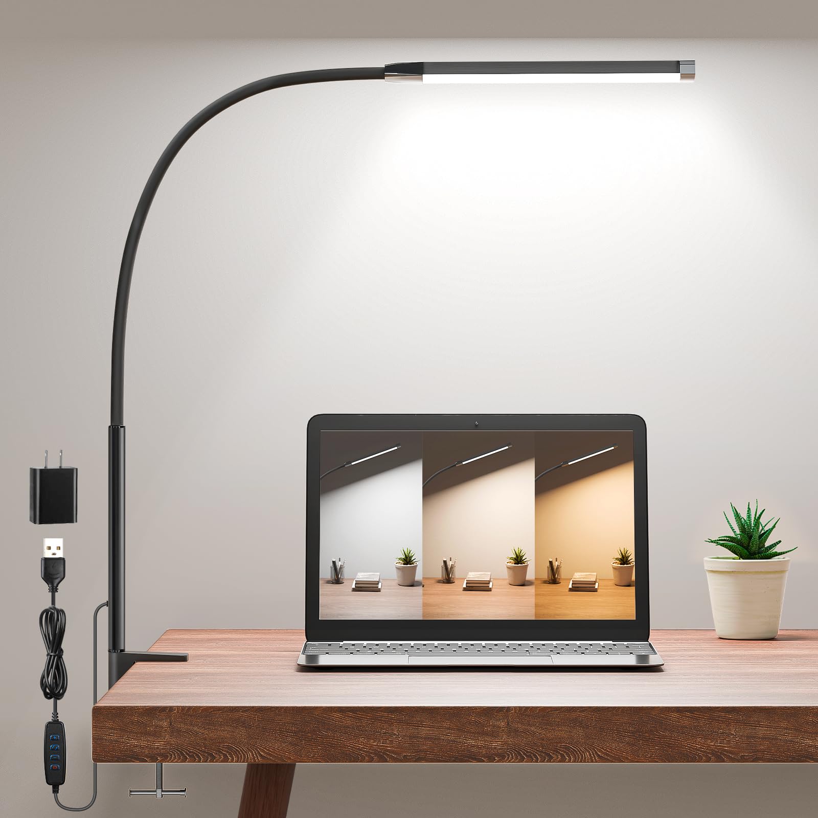 Lampe de bureau avec pince, lampe LED à clip pour soin des yeux, bras flexible de 68,6 cm de haut, 3 modes de couleur, 10 luminosités, lampe de travail alimentée par USB pour la lecture, les