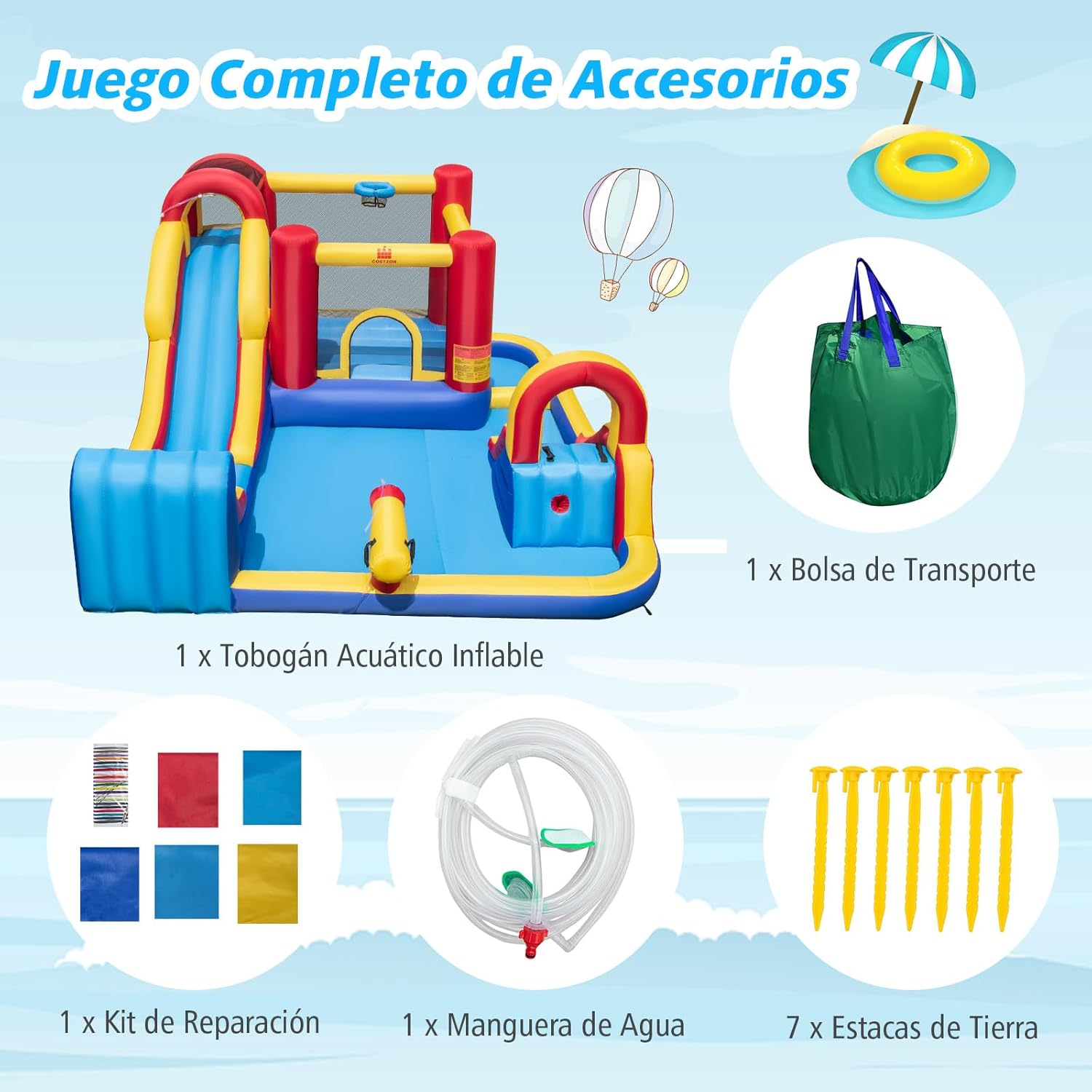 COSTWAY Large Inflatable Castle, Children's Water Park with Double Slide, 2 Pools, Jumping Area and Basketball Hoop, 450 x 392 x 216 cm, for Garden Patio, Multi-Coloured (No Blower)