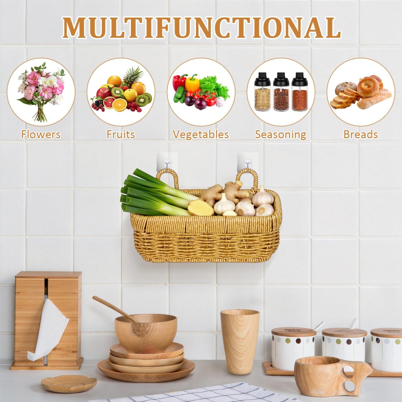 PRETYZOOM Hanging Woven Basket with Handle 8.46X4.92X3.14In Rattan Storage Organizer for Garlic Ginger Onions and Kitchen Wall Space-Saving