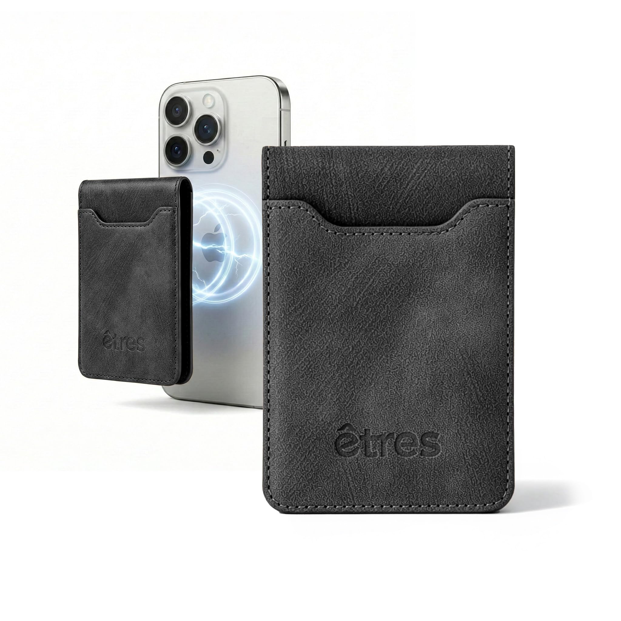 Porta Carte di Credito Schermato - Modello Deux - Fino a 7 Carte, Protezione RFID - Portacarte MagSafe Compatibile, Anello Magnetico Incluso - In Pelle Vegana (NERO)