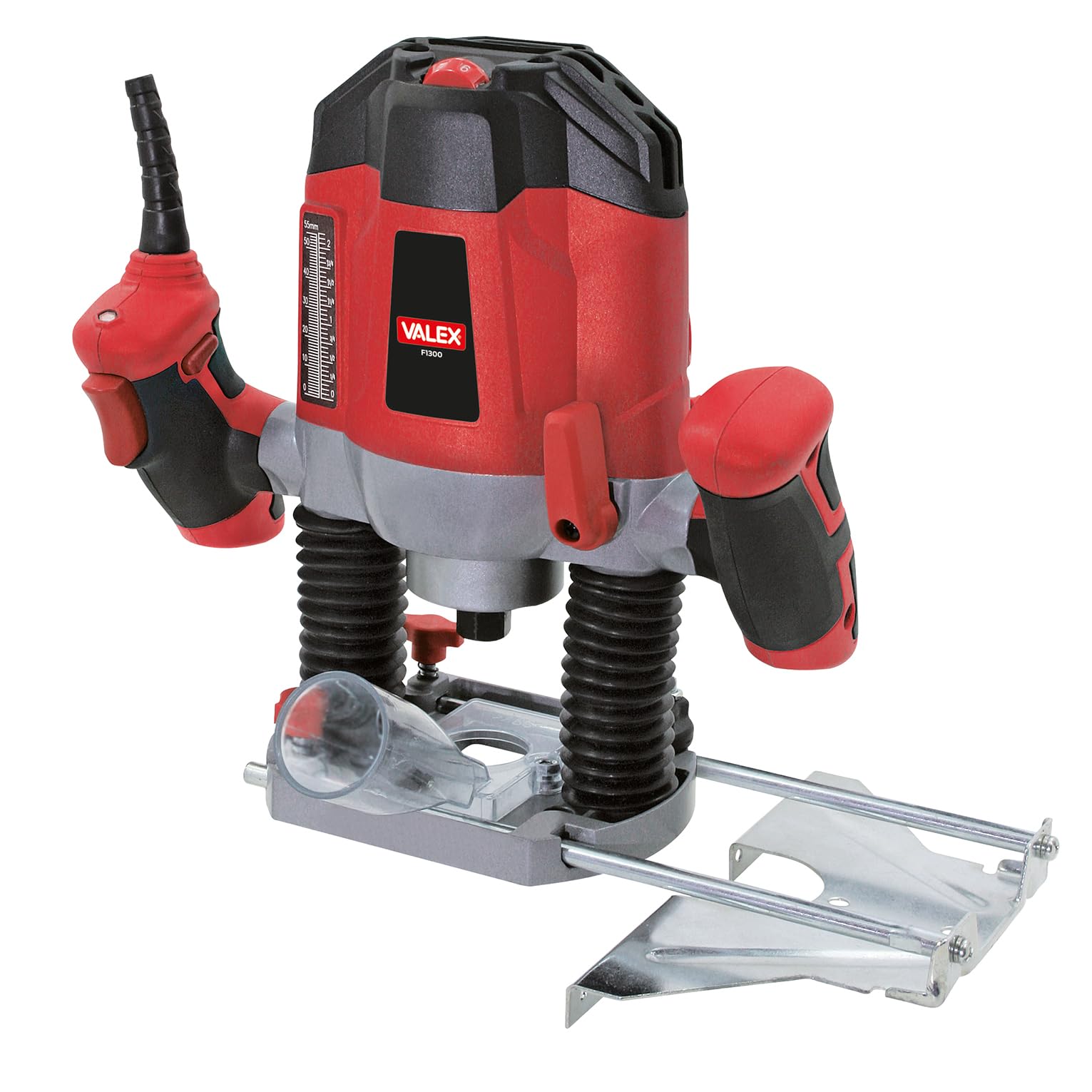 Valex F1300 - Fresadora vertical compacta de 1300 W, velocidad variable, inmersión de 53 mm, con guías y mandriles de 6/8 mm