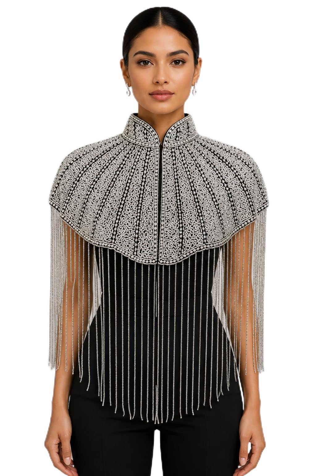 zuho Golden Hand Beaded Pearl Bridal Cape: Wedding & Evening Fringe Shoulder Cover-Up-picture-26