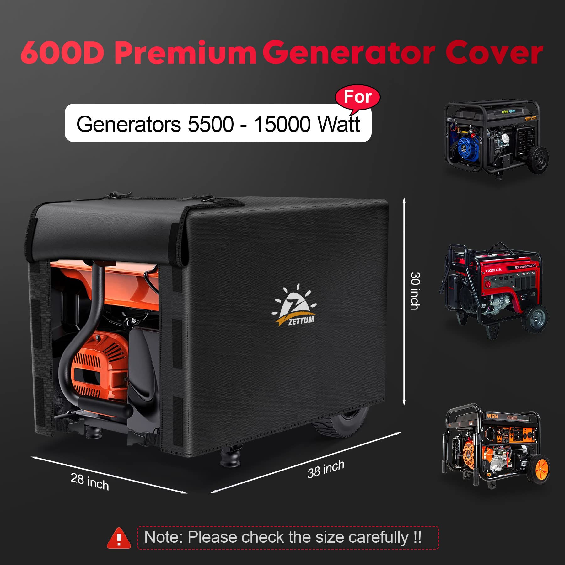 Zettum Cubierta para generador de 38 pulgadas – 600D para exteriores, resistente al agua, cubierta pequeña para equipo exterior para generador portátil DuroMax, Westinghouse, Champion, Predator, Honda
