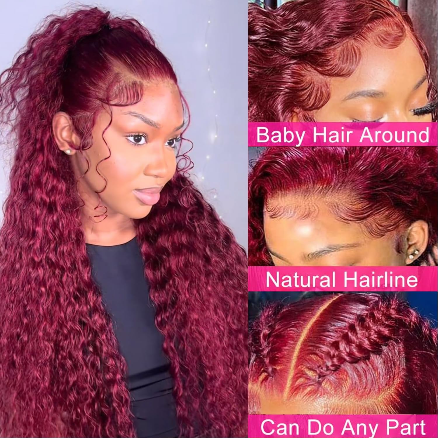 30 Inch 99J Burgundy Deep Wave Lace Front Wigs Human Hair 250% Density 13x6 HD Lace Frontal Pre Plucked Real Human Hair No Synthetic Blend No Tangle No Shedding Triple Lifespan 3X