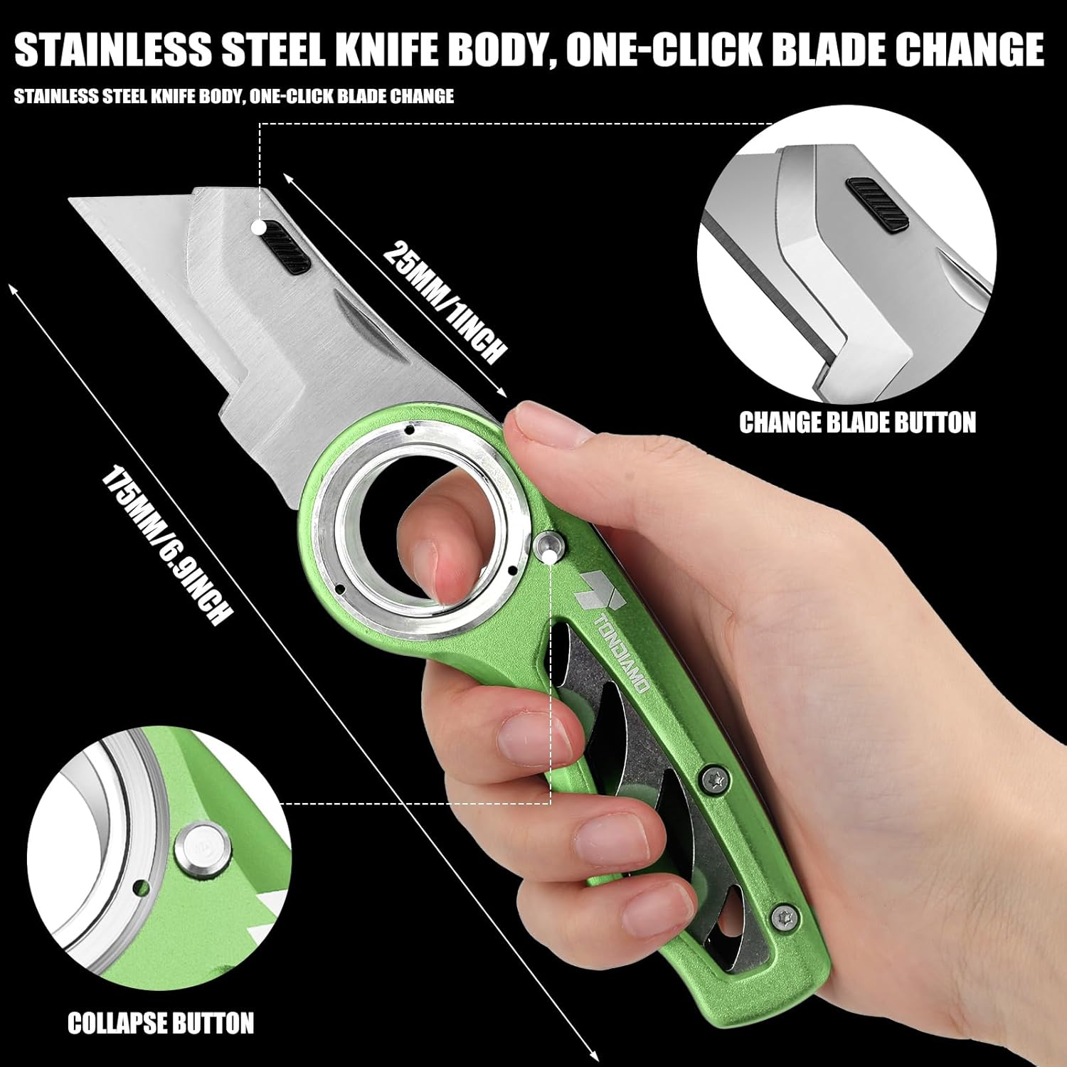 Tondiamo 2 Pcs Folding Pocket Utility Knife Heavy Duty Box Cutter Folding Razor Knife with Anti Slip Finger Loop Easy Change Blades 3 Lock Positions Design (Green)
