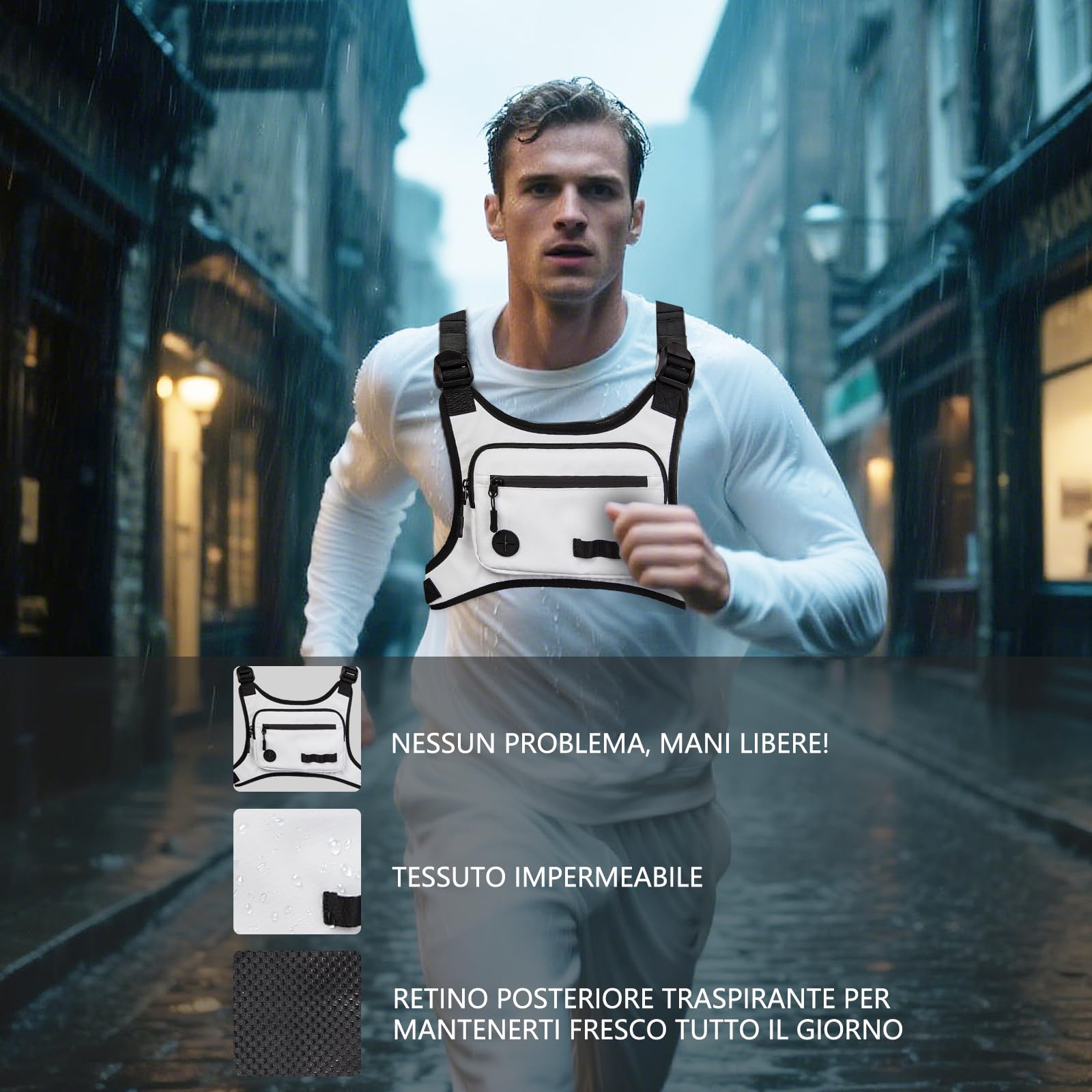 KINGSLONG Tasca sul petto da uomo, leggera, tattica, borsa sportiva, borsa a tracolla, impermeabile, con tasca e spazio aggiuntivo per traning, corsa, ciclismo, escursioni, viaggi, campeggio, bianco