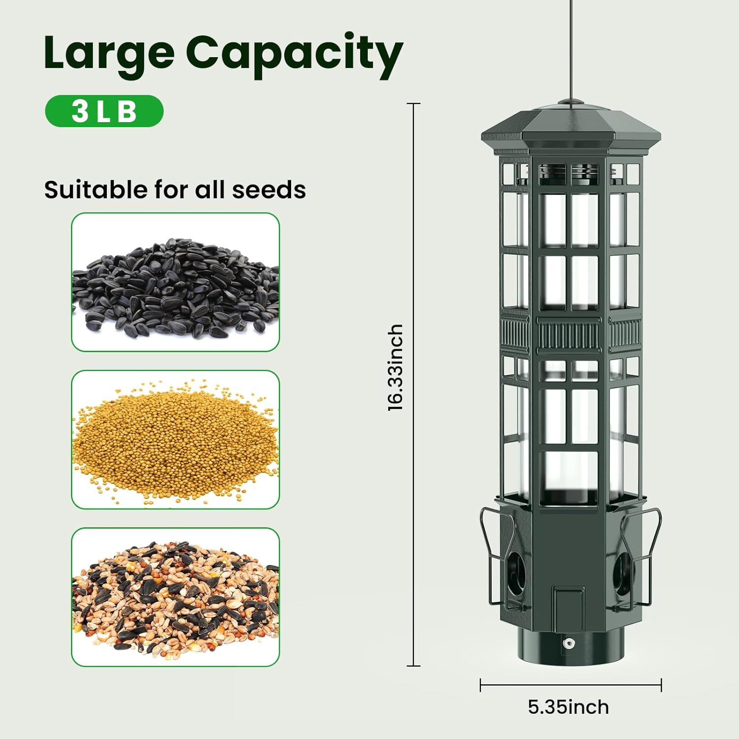 Squirrel Proof Bird Feeder for Outdoors - 3 Port Hanging Metal Bird Feeder with Gravity Spring, 3LB Large Capacity, Chew-Proof & Weather Resistant, Attract Wild Birds, Green - Image 3