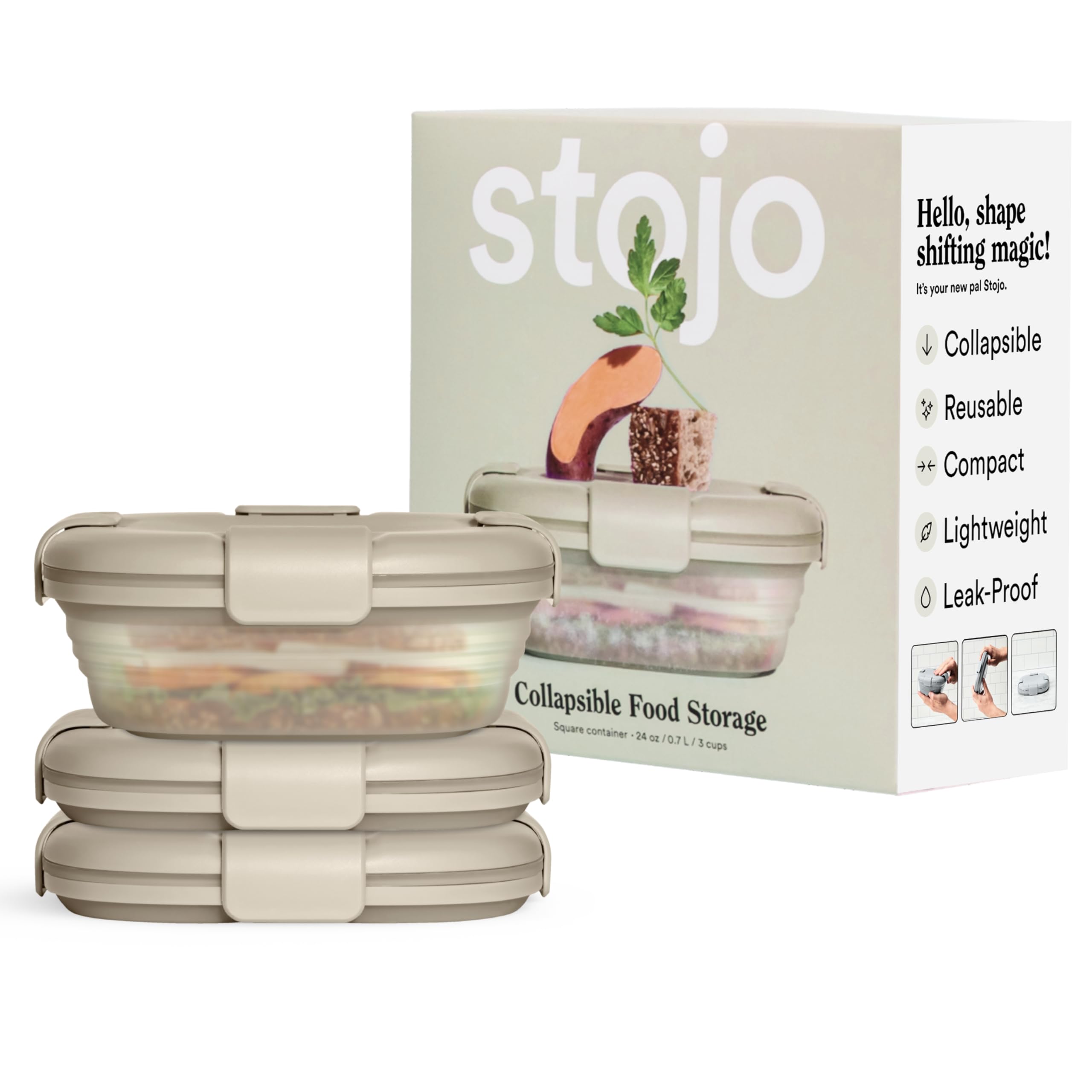 STOJO Collapsible Sandwich Box 3 Set- Translucent Oat, 24oz - Reusable Food Storage Container - To-Go Travel Silicone Bowl for Hot and Cold Food - for Meal Prep, Lunch, Camping and Hiking