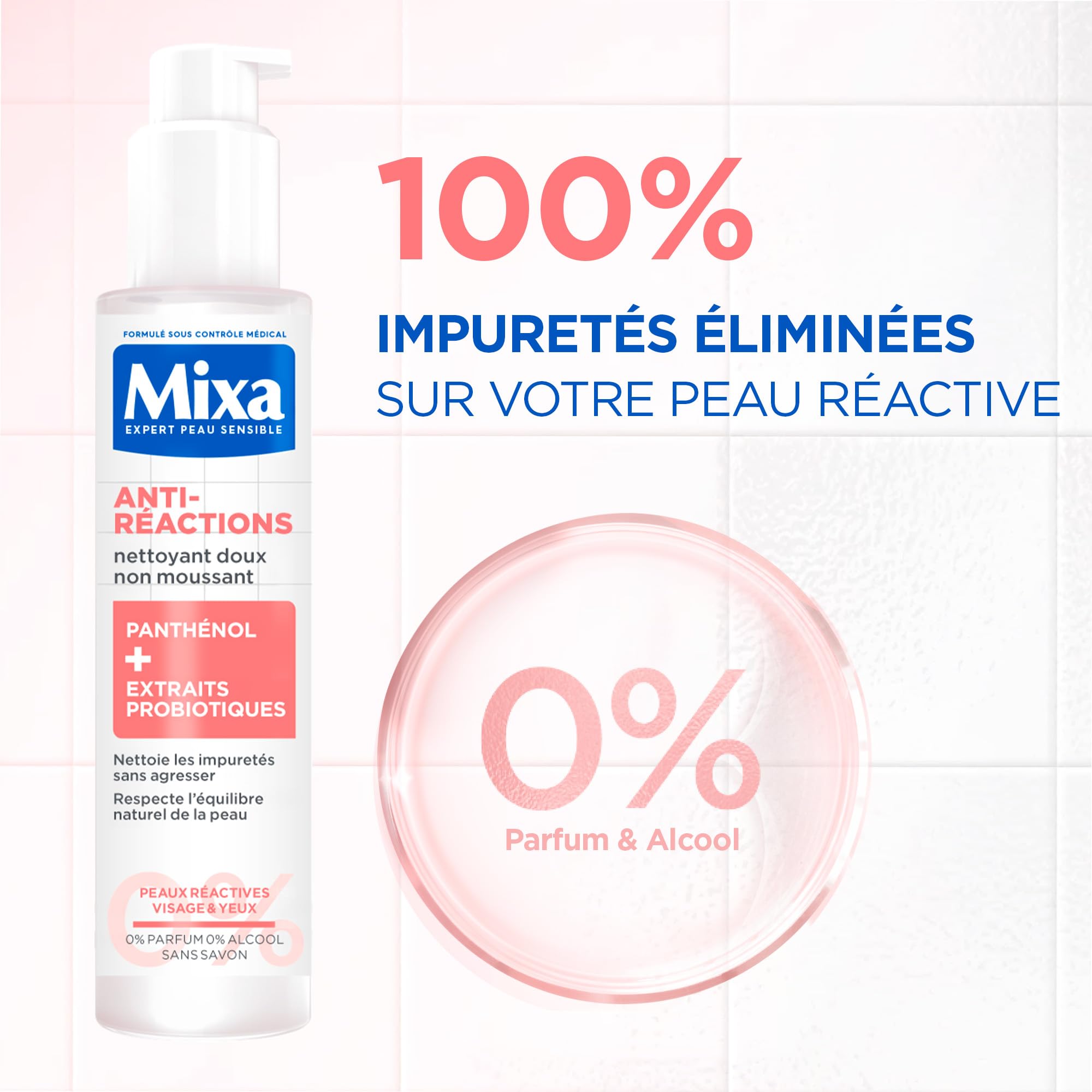 MIXA - Nettoyant Visage Anti-Réactions - Elimine les Impuretés Sans Agresser - Non Moussant, Sans Parfum, Sans Savon - Panthénol + Extraits Probiotiques - Tous Types de Peaux Réactives - 150 ml