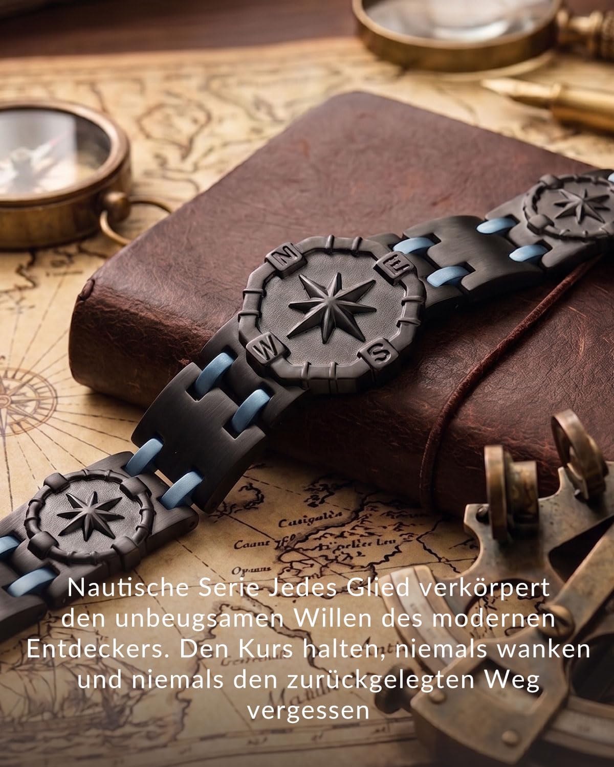 RainSo Magnetarmband Herren, Edelstahlarmband für Herren, Kompass-Design mit Achtstrahligem Stern, 8,86 Zoll Verstellbare, Maritimes Stil für Segeln, Tauchen und Strandurlaub (Schwarz-Blau)