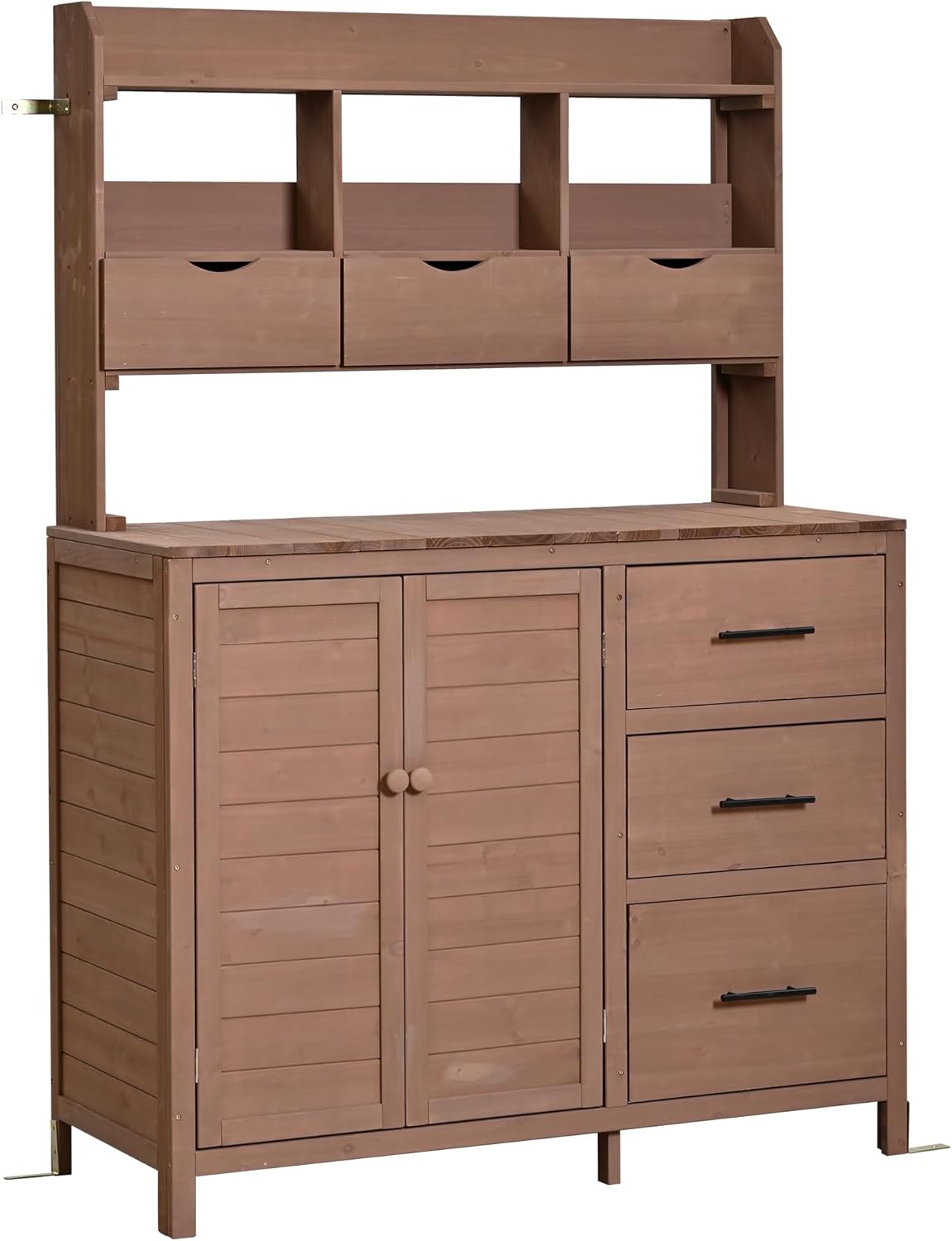 Merax Farmhouse Potting Bench with 6 Drawers, 44.6” Large Garden Workstation, Outdoor Kitchen Island with Bottom Cabinet & Hooks, Freestanding Patio Furniture,Brown