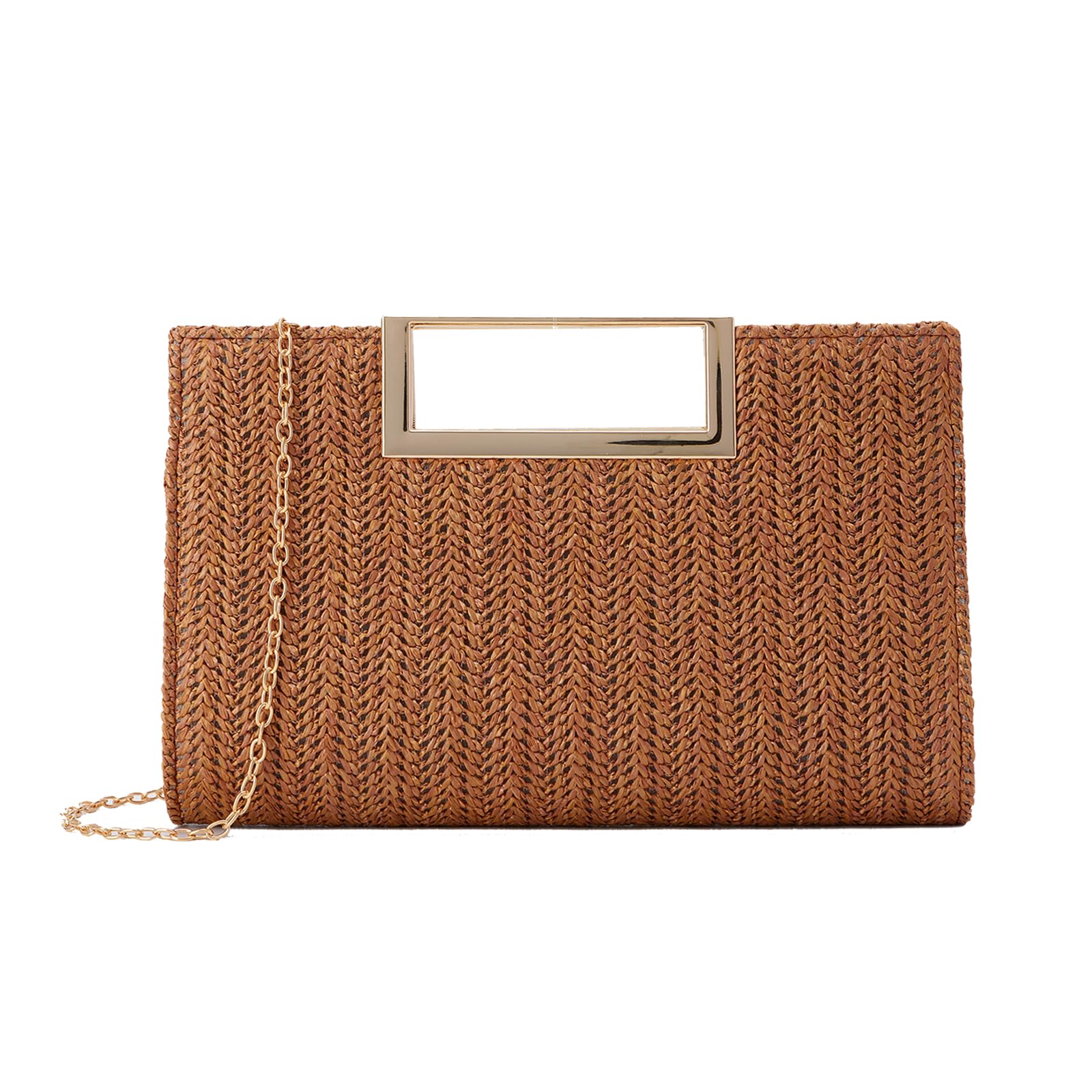 Ynport Crefreak Bolso de Mano de Paja Para Mujer Bolso de Hombro de Cena de Paja de Verano con Cadena de Metal Bolso de Mano Cuadrado Bolso de Mano Tejido Para Fiesta de Bodas