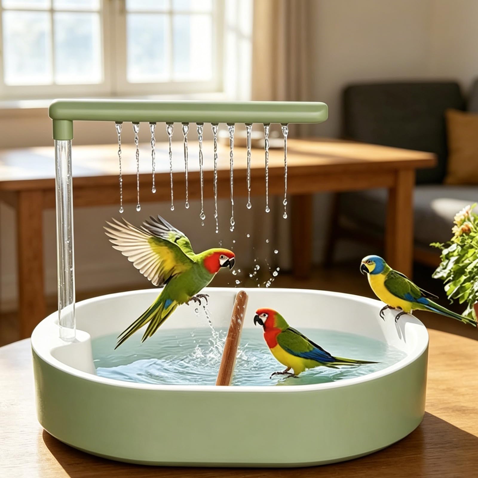 Vogelbadewanne, Automatische Wasserzirkulation USB-Betrieben 5V, 32x26cm Großes Becken mit 26 Wasserauslässen, Spritzschutz & Drehbare Sitzstange für Wellensittiche Nymphensittiche (Grün)