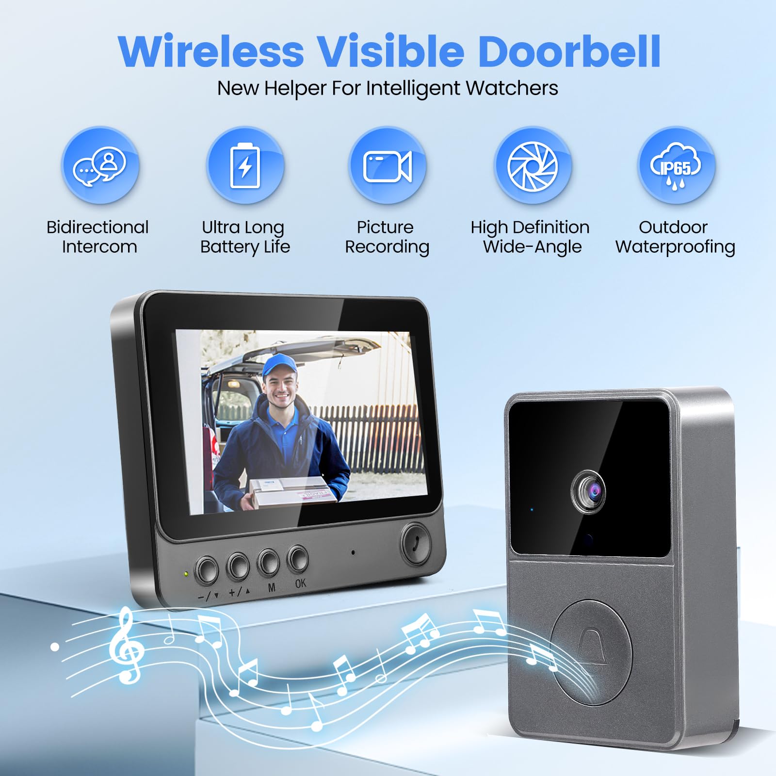 Sonnette Sans Fil avec Caméra 1080p IP65 Étanche Extérieur Écran 4.3" Visiophone HD Interphone Vision Nocturne Infrarouge Audio Bidirectionnel