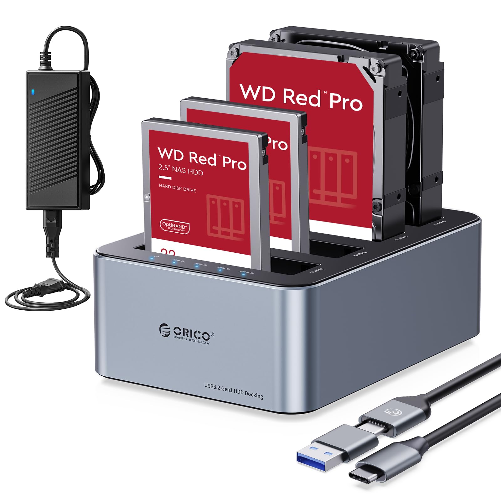 ORICO aluminiowa stacja dokująca do klonowania HDD, 4-bajtowa obudowa dysku twardego USB 3.2 Gen 1 na SATA 2,5/3,5 cala SSD/HDD do 4 x 20 TB, klonowanie offline, zasilacz 12V/6,5A (6646C3-C)