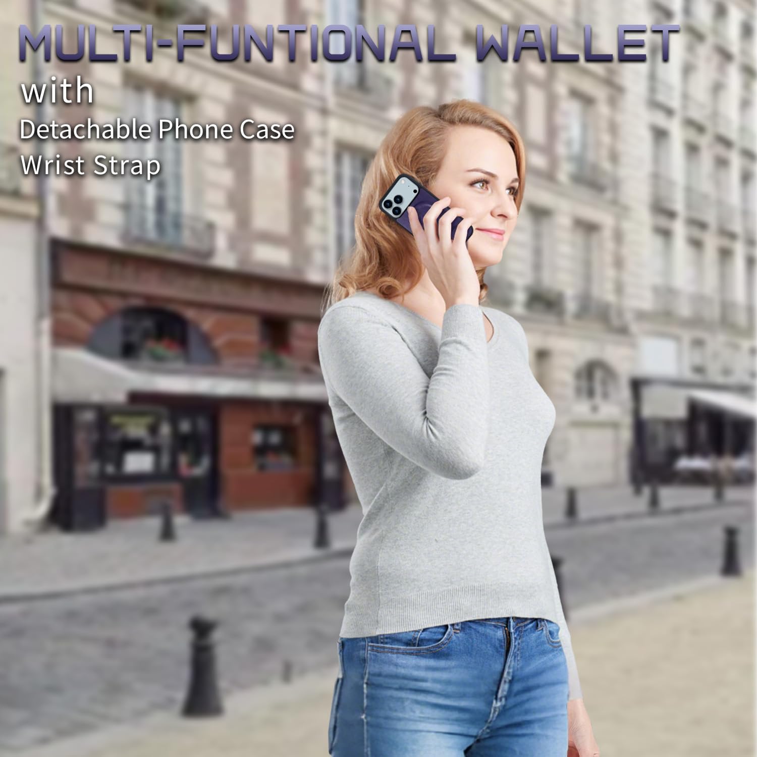 Lacass for iPhone 17 Pro Max Case Wallet,Compatible with MagSafe 2 in 1 Magnetic Detachable PU Leather RFID Blocking Wallet Cover Card Holder Zipper Wrist Strap Lanyard,Floral Purple