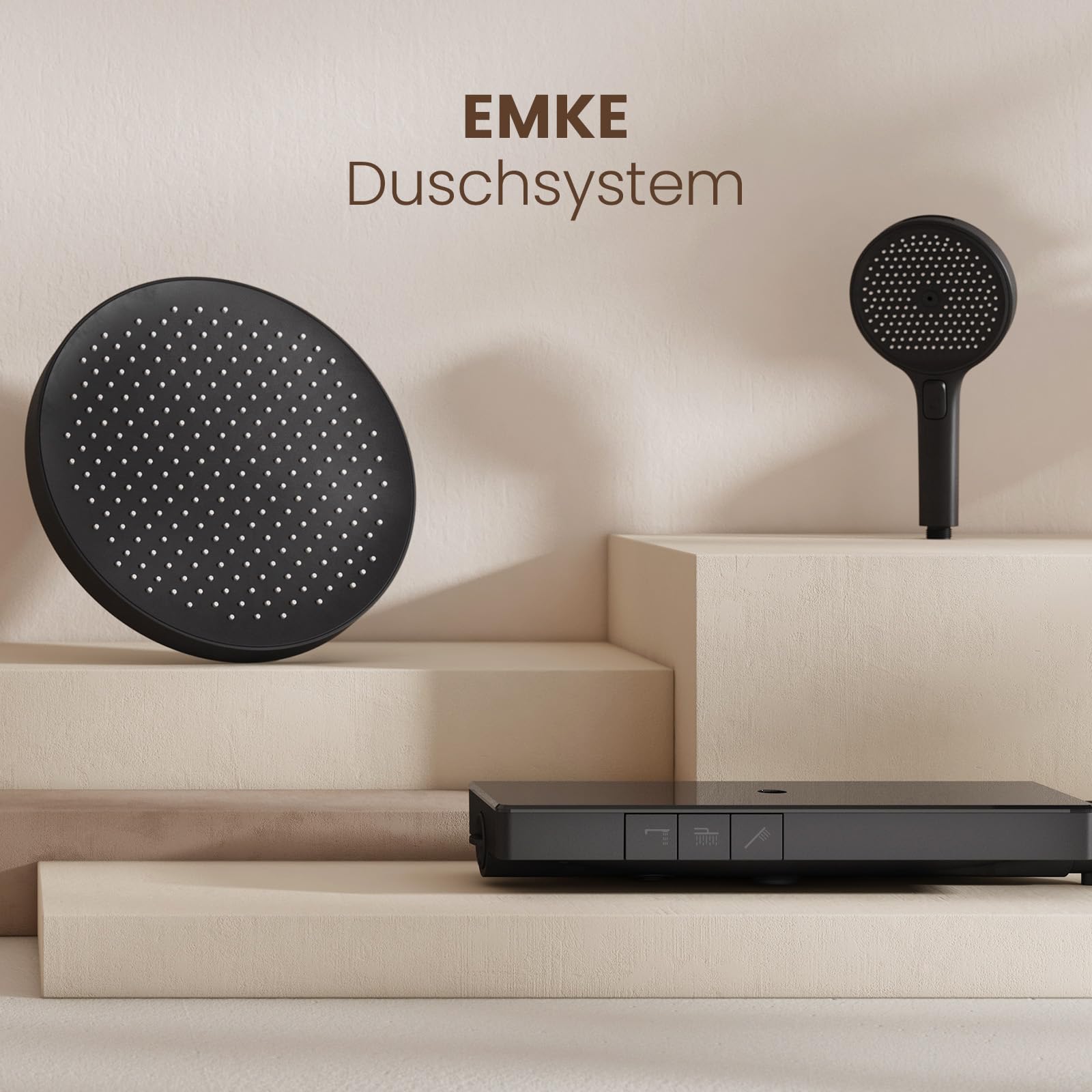 EMKE® Sistema de ducha con termostato, 40 cm, estante de cristal, sistema de ducha de lluvia, ducha de lluvia de gran tamaño, ducha de mano, 3 tipos de chorro, boquilla inferior, fácil instalación,