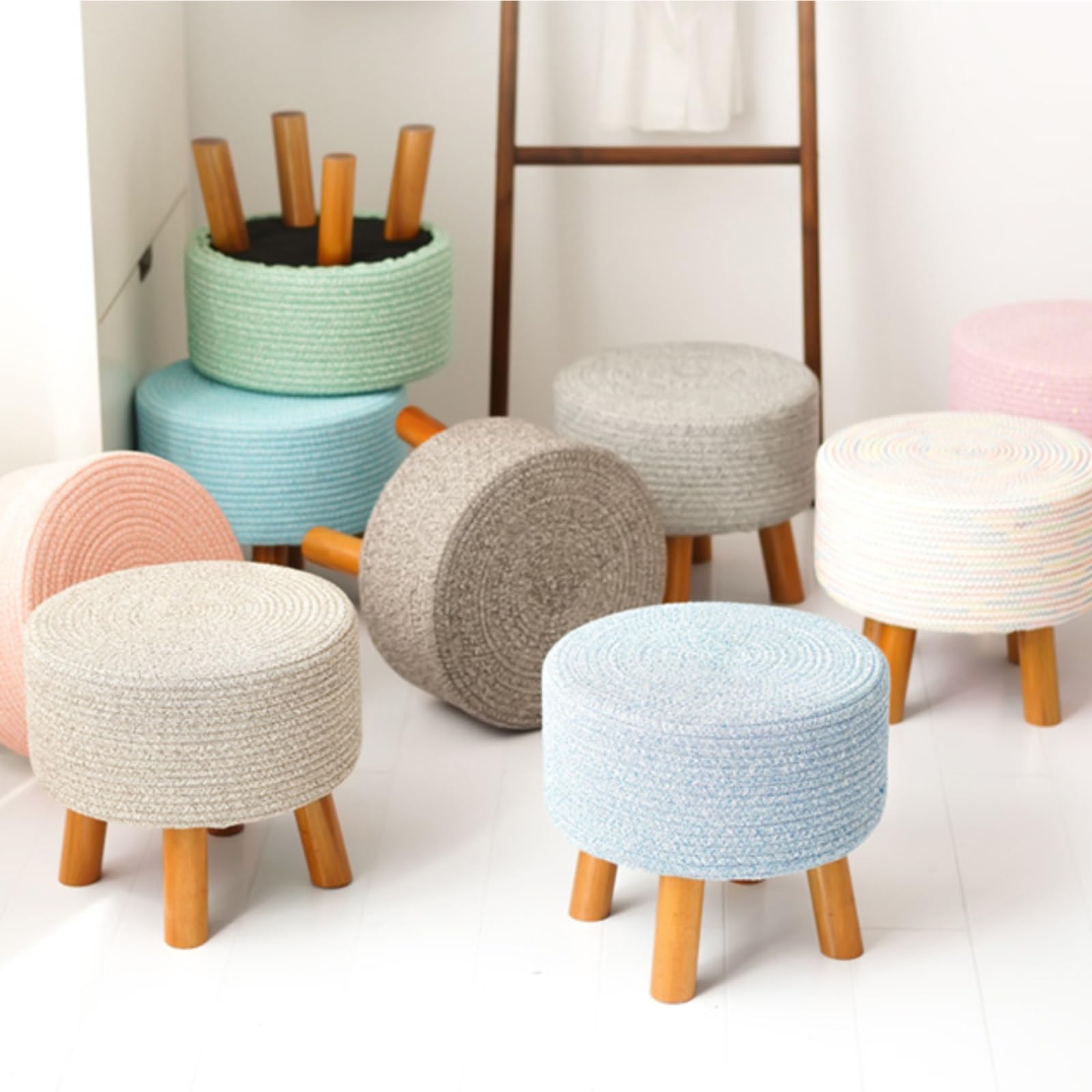 Ottomana Salón Reposapiés Redondo De Hilo Algodón con Patas Madera Maciza For Uso Doméstico Asiento Extra(Grün)