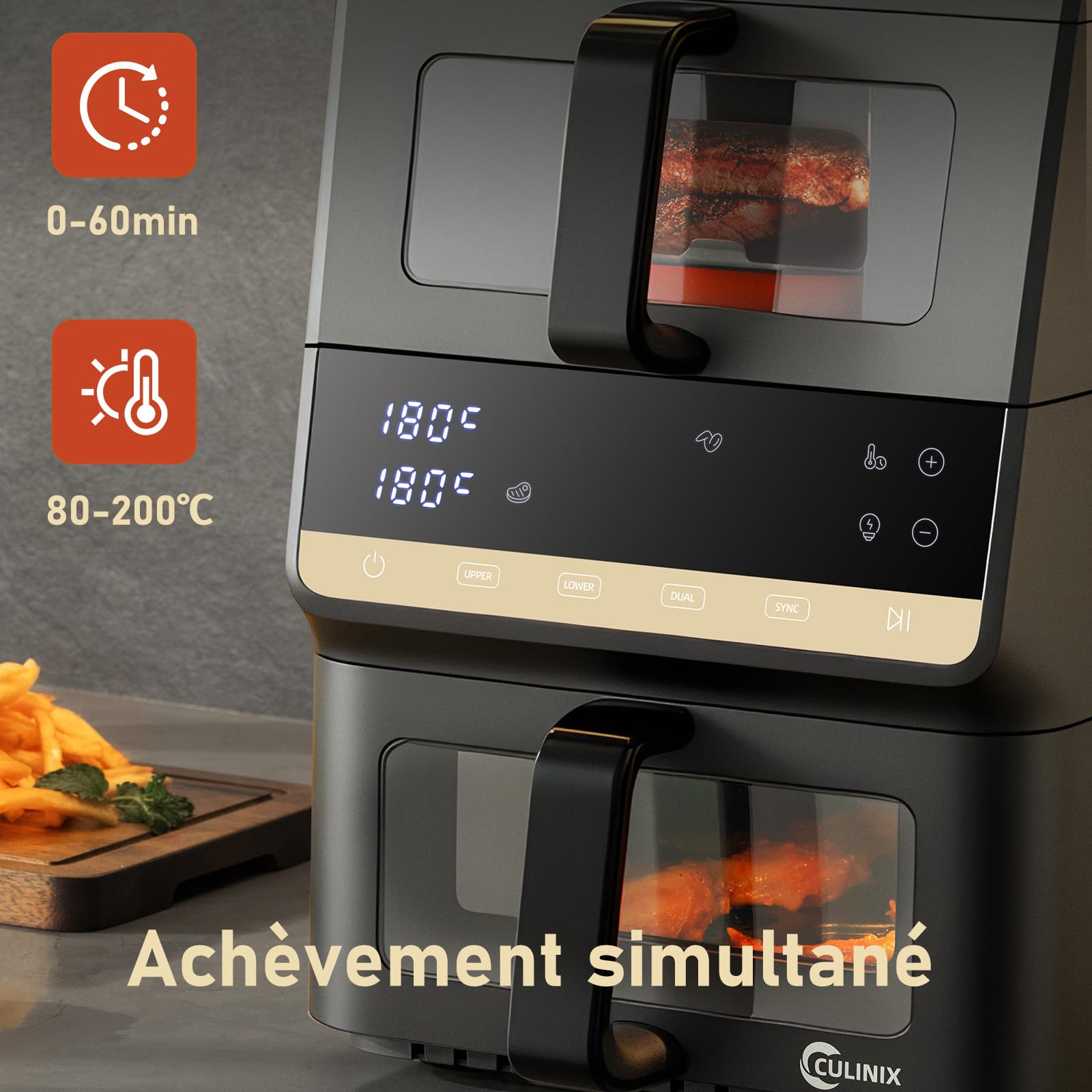 Air Fryer Vertical 10L,10-in-1 Friteuse Sans Huile Airfryer à 2 Double Compartiment Tiroir,Fonction Synchronisation SYNC et DUAL, Design Compact, Économie 80% d'Huile, Noir