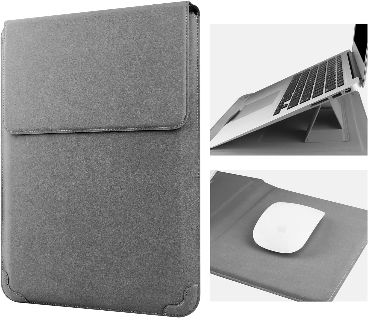 KASTWAVE 13-14 Inch Laptop Sleeve Case Leather Bag with Stand Compatible with all 13-14'' PC, Leather Laptop Case with Mouse Pad Notebook Computer Protective Cover Slim Bag - Gray