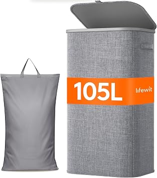 Lifewit 105L Laundry Basket with Lid, Washing Basket with Handles and Bag, Large Foldable Dirty Clothes Organiser with Plastic Frame for Laundry Room, Bedroom, Bathroom, Light Gray | Large Dirty Clothes Organiser with Plastic Frame for Laundry Room, Bedroom and Bathroom