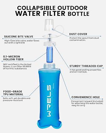 WRELS Collapsible Water Filter Bottle,500ml Ultralight Soft Flask with Filter for Camping, Hiking,Backpacking,Trail Running