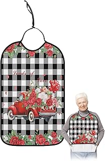 BOBOWUNY Valentine Day Red Truck Adult Bibs for Elder Women Men Eating, Black White Plaid Roses Love Heart Waterproof & Washable Bibs for Eating Clothing Protector Dining Bibs for Crumb Catcher
