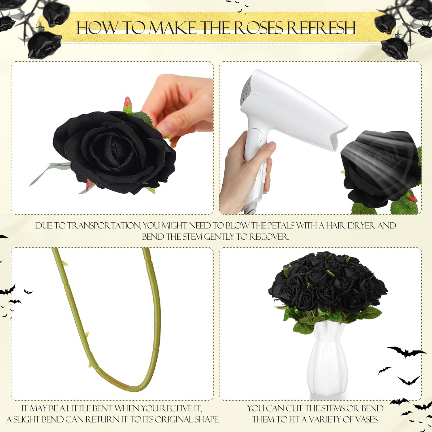 Hotop 80 Pcs Rose Artificial Flowers Bulk with Long Stem, Silk Roses Realistic Fake Flowers Bouquet for Wedding Table Centerpieces Bridal Shower Party Home Decorations(Black) - Image 3