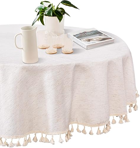 MYSKY HOME Mantel redondo de 60 pulgadas, resistente al agua, con aspecto de lino, mantel de granja, suave y sin arrugas, con borlas beige para