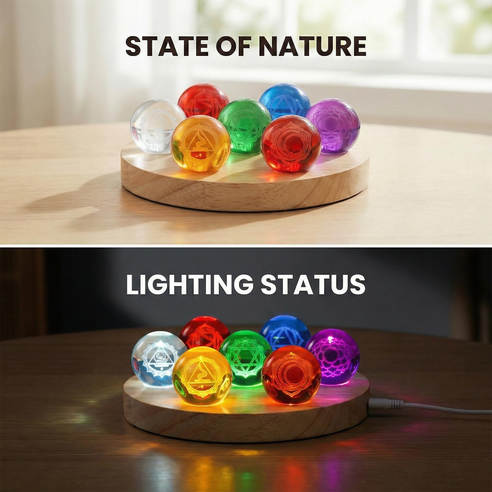 Hivexagon Bola de cristal de 7 chakras de 40 mm con base de madera. Incluye regulador de intensidad y temporizador para meditación. decorativa. Regalo (Round)