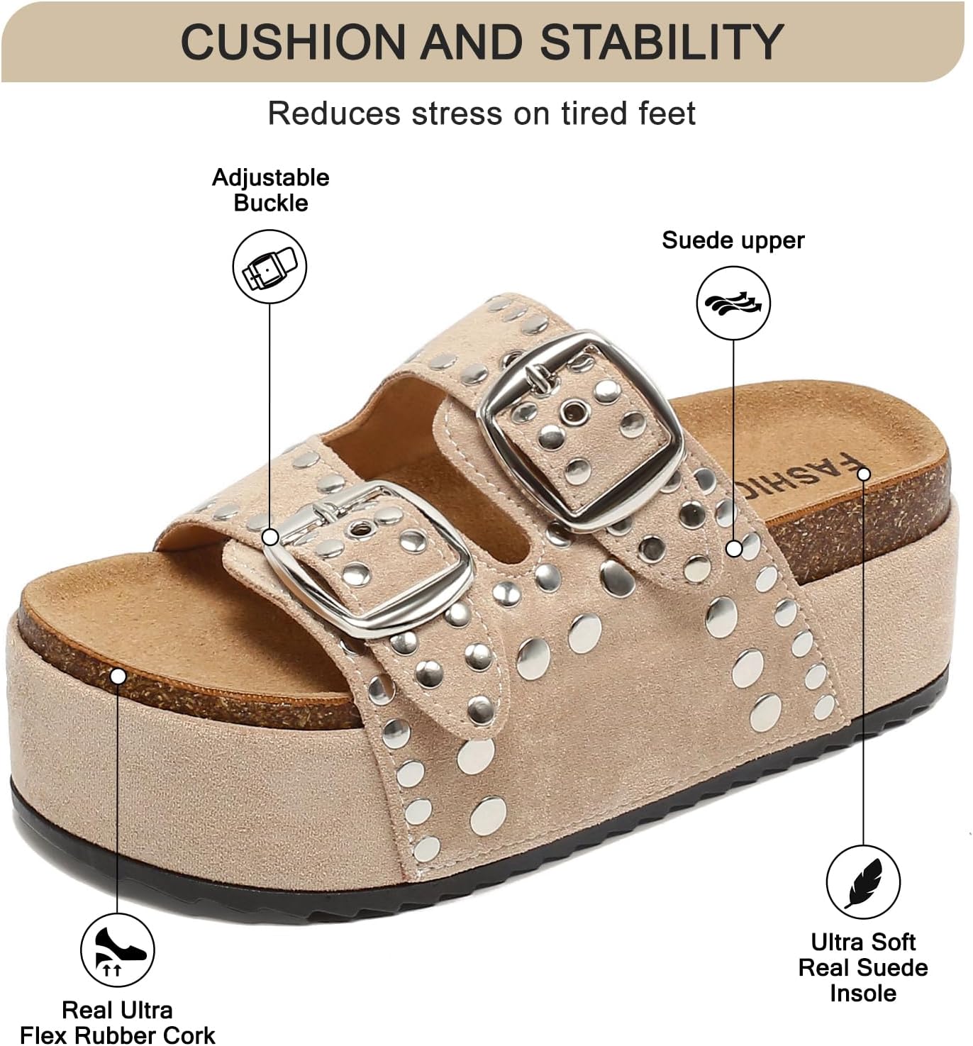 Women's Platform Sandals Cork Footbed Suede Clogs Sandals Studded Slides image 4