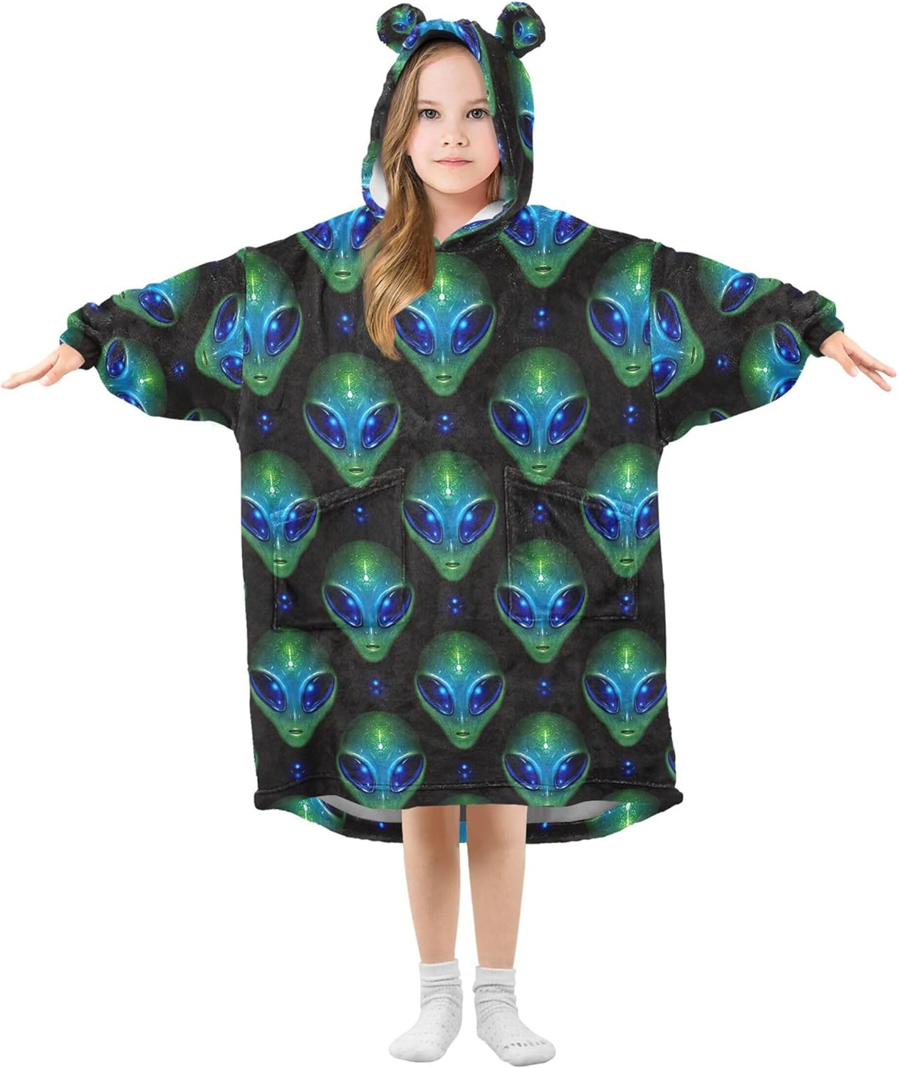 Cute Alien Ufo Kids Wearable Blanket Hoodie with Pocket and Sleeves for Toddlers, Cute Hoodies Girls Boys B0403999