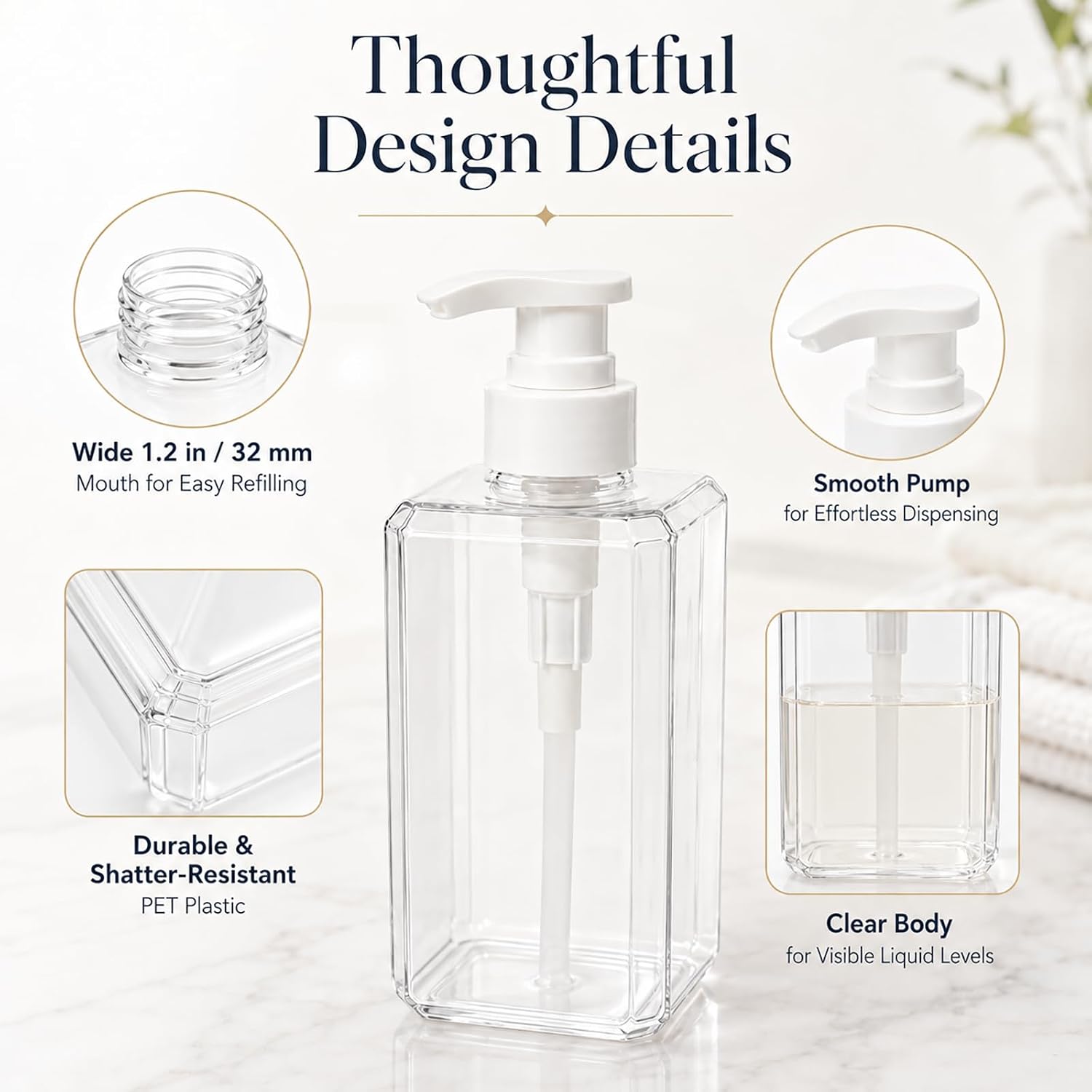 15 Pcs Plastic Pump Bottles, 500ml / 16.9 oz Empty Refillable Container Set, Clear Square Liquid Soap Dispenser with Lockable Pump for Shampoo, Lotion, Countertop, Bathroom, Kitchen image 3